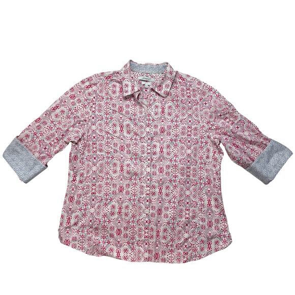 FOXCROFT Batik Print Button Up Easy Care Shirt Size XL Womens Pink Blue White - Picture 4 of 10